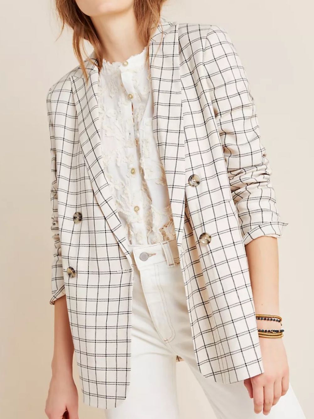 Anthropologie Tasha Cream Windowpane Double-Breasted Blazer